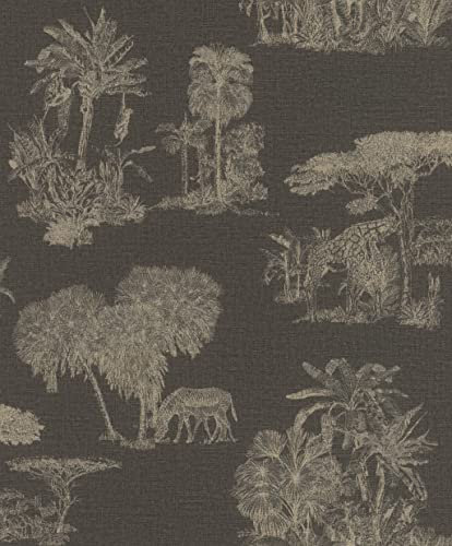 Rasch Tapete 555035 Schwarze Vliestapete mit Safari-Motiven in Gold aus der Kollektion Lirico - 10,05m x 0,53m
