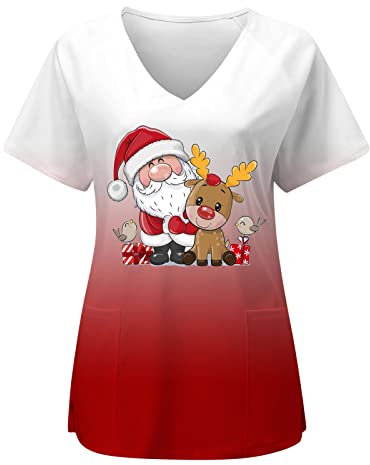 Sizoer Christmas Kasacks Damen Pflege Krankenschwester Kittel Schlupfjacke V-Ausschnitt T-Shirt Schlupfkasack Kasacks Damen Pflege Bunt Mit Motiv Weihnachten T-Shirt Schlupfkasack Mit Taschen