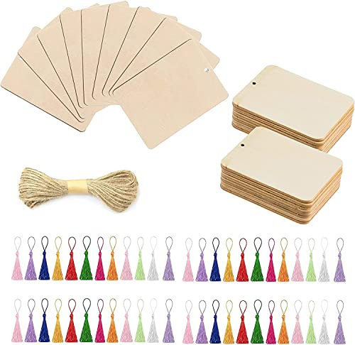 94PCS Holz Blanko Lesezeichen, BetterJonny 45 Stücke Lesezeichen aus Holz mit 48 Bunten Quasten 13m Seile Rechteck Leeres Lesezeichen mit Löchern für DIY Lesezeichen Handwerk Geschenke Tag, 6,3x8,9 cm