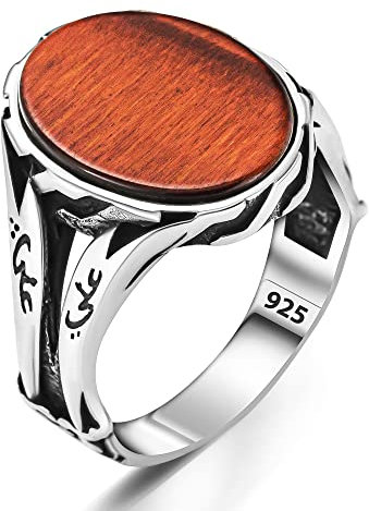 TAKILINGO Gestanzter Ring aus massivem 925er Sterlingsilber mit Schwertdesign Oval Rot Tigerauge Handgefertigt Arabisch Ya Ali Geschrieben Silberschmuck Geschenk für ihn (64)
