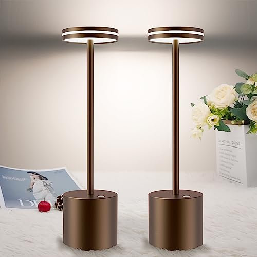 bravzurg 2 Stück LED Tischlampe Kabellos, 5000mAh Moderne Tischleuchte Akku, Dimmbar, Aluminium, 3 Farbtemperatur, Aufladbar Tischlampen für Outdoor Indoor Nachttisch Esstisch Terrasse Bar - Braun