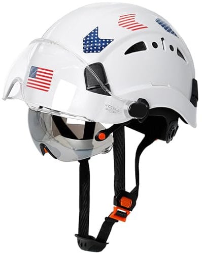 Aolamegs Safe Hard Hats Construction OSHA Approved with Double Visor - Cascos De Construccion White Hard Hat with Clear and Tinted Visor Construction Safety Helmet Hat with Chin Straps 6pt Suspension