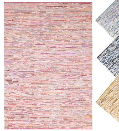 MY-RUG Fleckerlteppich bunt 140 x 200 cm - Pink, handgewebt, recycelte Baumwolle als Flickenteppich gestreift und moderner Kelim Chindi Teppich Rajesh