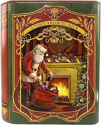 stylebox Blechdose in Form eines Weihnachsts-Buches Kleine Buchdose St. Nick rot/grün Keksdose Deko-Box Retro-Dose Aufbewahrung, ca. 15 x 6/8.5 x 17.5 cm, Volumen: 1,5 l