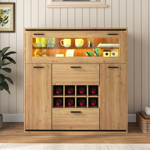 BTM Buffet, Armoire à vin élégante avec Double Porte Ouverte, étagère en Verre et Porte - vin. Buffet élégant, 38x110x111cm, Parfait Rangement