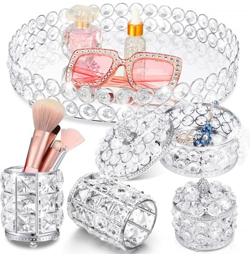 Tioncy Parfüm-Tablett mit Kristallen, verspiegelt, Kosmetik-Set, Pinselhalter, Schmuckkästchen, Dekoration, Heimtisch, Organizer, Zubehör für Kommode, 5-teilig (Silber)