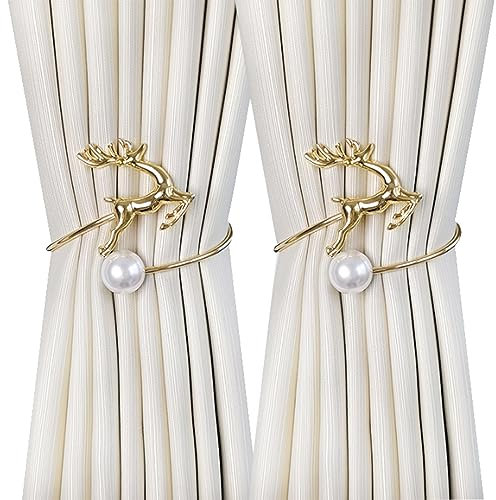 Metall-Vorhang-Raffhalter, Aluminiumlegierung, Vorhanghalter mit Metallgeweih-Hirsch-Design for Wohnzimmer, Schlafzimmer (Color : Gold, Size : 2)