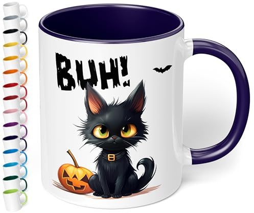 True Statements Halloween Keramik-Tasse „BUH! Schwarze Katze“ – ca. 330ml –Kaffeebecher mit Spruch, kleines gruseliges Geschenk (Kobaltblau)