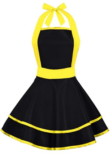 Violet Mist Niedliche Retro-Schürzen für Damen, Mädchen, Damen, sexy Vintage-Schürze, schwarz / gelb, Vintage-Schürze, 50er-Jahre-Schürze, Halloween, Weihnachten, Kochen, Küche, Rüschenschürze für