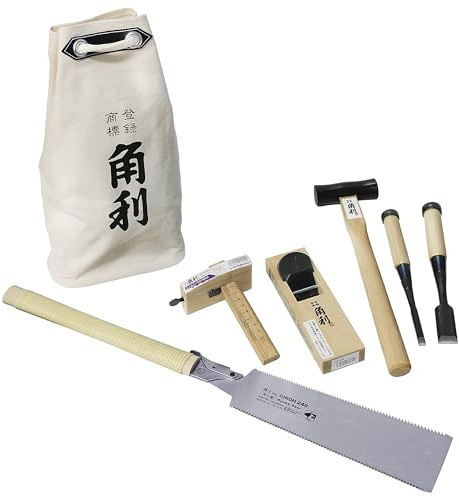 KAKURI Japanisches Holzbearbeitungs-Handwerkzeug-Set für Anfänger, 7-teilig (japanisches Flugzeug, Meißel, Säge, Hammer, Markierlehre, Tasche), hergestellt in Japan, 40331