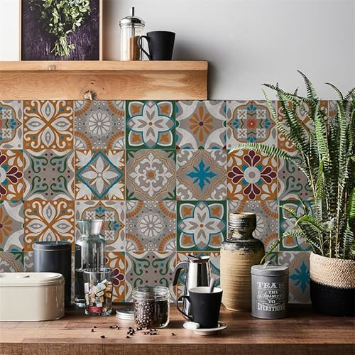 Fliesenaufkleber Retro Grau Orange Klebefliesen Wasserdicht Fliesenaufkleber Bad Fliesenaufkleber Küche Fliesenfolie Mosaikfliesen für Schrank Möbel Küchenrückwand Folie 24 Stück/15x15cm