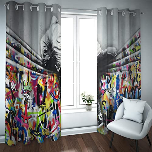 Deertweet Home Niedliche Vorhänge Banksy-Graffiti lustige Verdunkelungsvorhänge für Schlafzimmer Wohnzimmer Büro Dekoration Fenstervorhänge 2 Bahnen Kinderzimmer und Spielzimmer H200xB140