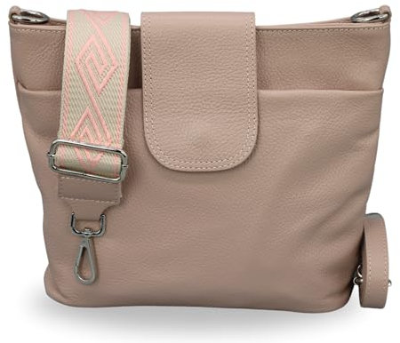 BRISE Umhängetasche Damen Echtes Leder ELLIE Handgemachte Crossbody Bag mit Ledergurt + Optionalen Breiten Gemusterten Riemen 7 Fächer Wasserdichte Schultertasche Made in Italy (Rose - 3)