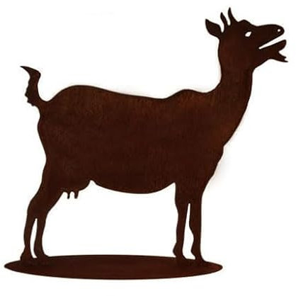 Steinfigurenwelt Gießen Gartenfigur Ziege 50x50cm auf Platte Edelrost Gartendeko Wetterfest Rost Metall Rostfigur Tier Bauernhof Ziegenbock Zicklein