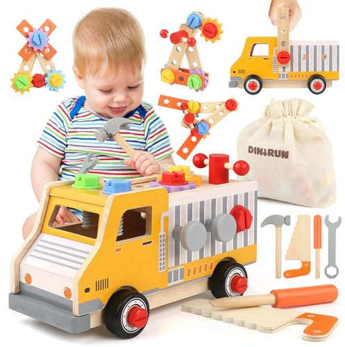 DINORUN Herramientas Juguete Montessori Caja Herramientas Juguetes de Madera 47 Piezas, Juegos Educativos Regalo Niños Niñas 3 4 5 6 Años