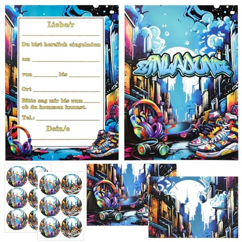 Hpbaggy Graffiti Neon City Einladungskarten,12 Deutsche Einladungskarten +12Umschläge,Graffiti Einladungskarten,Einladungskarten Geburtstag Jungs und Mädchen,Partyzubehör