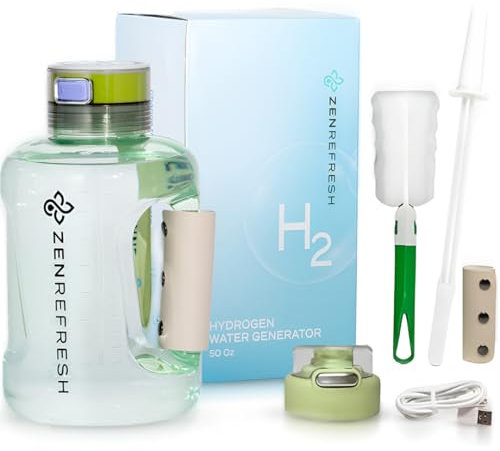 Zen Refresh 50 Oz Hydrogen Water Bottle, 2024 New SPE/PEM Technology, Large Gym Hydrogen Bottles, Travel Hydrogen Water Bottle Generator With Straw & Additional Cap, USA Brand, Up to 1800 ppb - Green