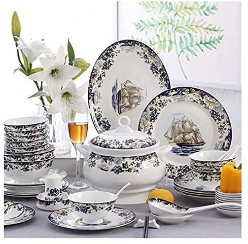 Elegante set da tavola per ristorante e casa di lusso, set da tavola da 58 pezzi, set da tavola in porcellana Bone China con piatti, ciotole e piatto, set da tavola in ceramica con motivo barca a vel