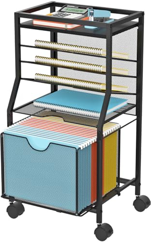 BOHDK Aktenwagen mit Schublade zum Aufhängen von Aktenordnern, Sdurty Bürowagen für unter dem Schreibtisch, Holz- und Netzpapierablagen für Büro, Zuhause, Schule (Schwarz)