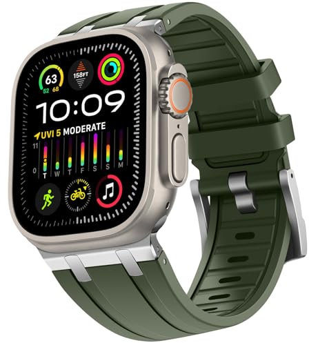 HITZEE Compatible con Correa Apple Watch Ultra 49/46/45/44/42mm, Correas de Silicona con Adaptador de Acero Inoxidable Diseñadas para Apple Watch Ultra 2 Ultra Serie 10 9 8 7 SE 6 5 4 3 2, Verde
