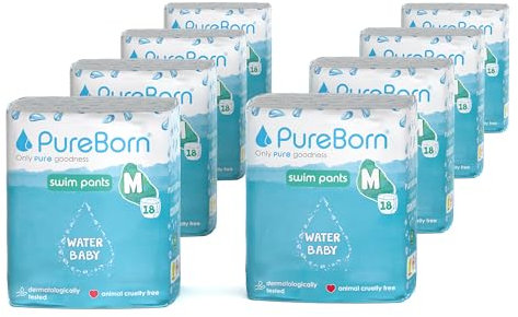 PureBorn Couches-Culottes de Bain Jetables, Taille M (6-11kg), 144 couches (8x18), Pour la Plage et la Piscine, Ultra-douces, Extensibles, Sans fuite, Testées Dermatologiquement, Imprimés d'été.