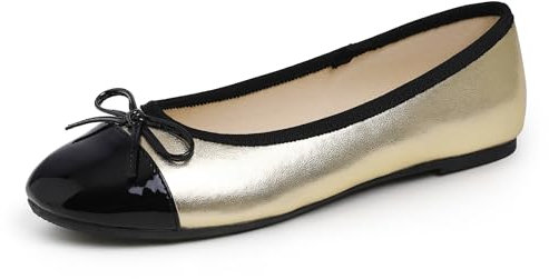 Feversole Damen Klasssische Ballerinas Lack Balerinaschuhe Flach Damenschuhe Gold Zehenkappe EU 38