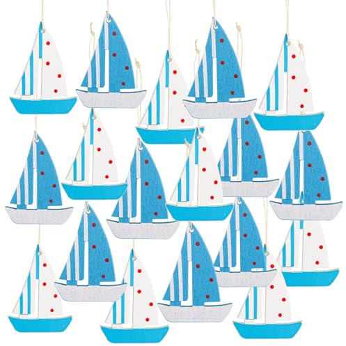 Logbuch-Verlag 18 kleine Segelschiffe mit Schnur zum Aufhängen blau weiß rot 5 x 7 cm aus Holz Maritime sommerliche Deko für Feste
