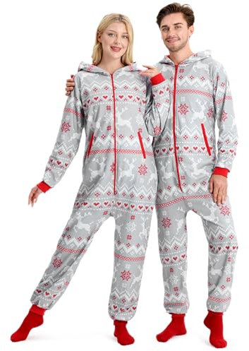 Giggling Getup Pigiama Natalizio Grigio per Adulti e Uomini con Cappuccio, Pigiama Natalizio con Stampa Nordica Ampia per Pigiami delle Vacanze, Tute-XL