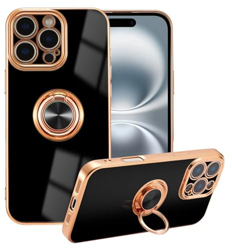 EYZUTAK Electroplated Magnetic Ring Holder Case for iPhone 16 Pro, 360 Degree Rotation Metal Anti-fall Finger Ring Kickstand Magnet Car Holder Slim Soft Silicone Shockproof Cover - Black