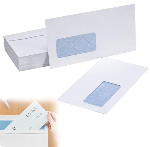 Buste da Lettera Bianco con Finestra a Sinistra, 50Pcs Buste Commerciali con Finestra Bianche con Stampa, Buste Commerciali Lunghe Americane, con Strip Adesivo 11.5 × 22.5 cm, Stampa Interna
