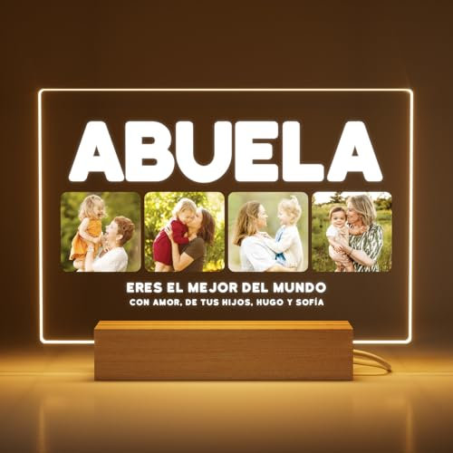 Greatminer Marco Personalizado para Abuela con Fotos y Frase - Regalo Día de la Abuela, Cumpleaños - Placa Metacrilato 18x14cm con Base LED Opcional