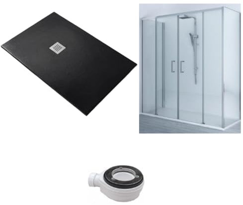 Receveur de douche 90 x 160 cm extra fin noir + cabine de douche 90 x 160 cm, hauteur 200 cm, avec un cristal fixe et ouverture centrale à 4 cristaux