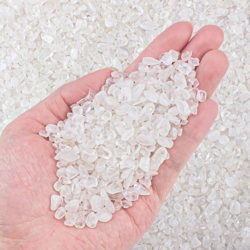 0.9 Lb Clear Quartz Crystal Chips Natural Tumbled Healing Crystal Chips Bulk Crushed Stones, Betta Fish Tank Gravel Rocks Clear Mini Pebbles for Aquarium, Vase Fillers, Succulent Plants Decor, 3-5 mm