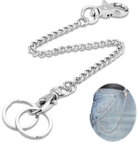 Crrynuo Herren Hosenkette, Brieftasche Kette Schlüsselkette mit Karabiner und Schlüsselring Punk-Schlüsselanhänger Jean Kette für Biker Trucker(24/60.96cm, Silber