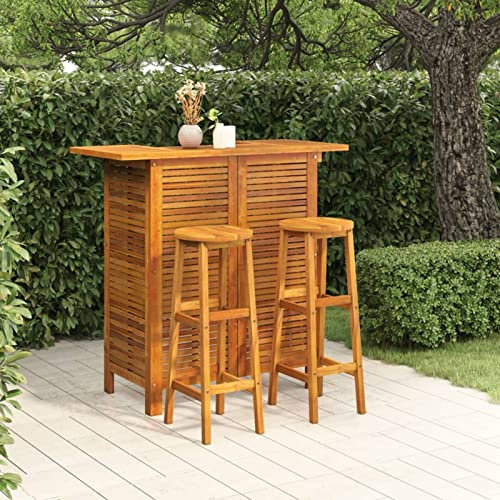 Outdoor Terrasse Essgruppe mit Massivholz Tisch und Stühlen 3-teiliges Bar-Set mit runder Sitzbank Barhocker Gartenmöbel Option2