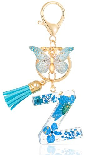 MWOOT Letter Keychains Initiale Lettre Porte Clef Lettre Z,Alphabet Initial Keyring avec Papillon Pendentif,Bleu Pétales Feuille D'or Key Ring pour Femmes Filles Portefeuilles Sac à Main Charme (Z)