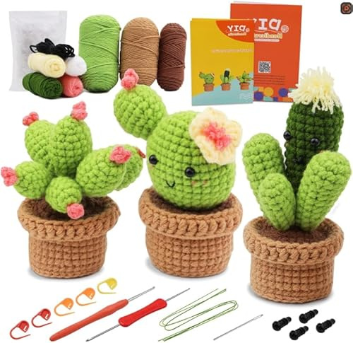 Jiusely Beginner Crochet Kit - Crochet Starter Kit for DIY Handcrafts - 3PCS Cute Cactus Plant Crochet Set - Complete Crochet Kit for Beginners
