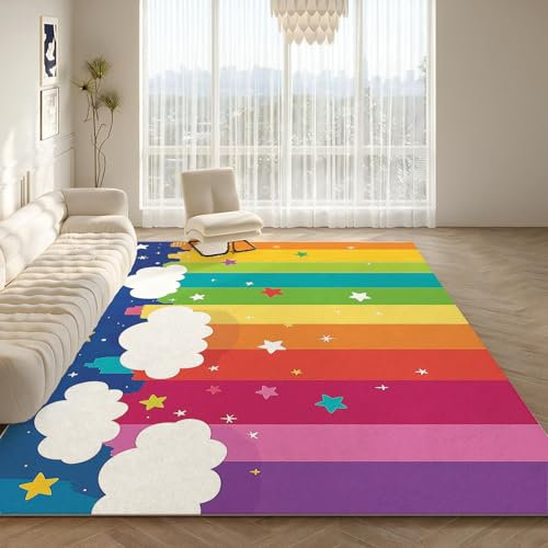 NAWVNMI Kurzflor Kinderteppich für Jungen und Mädchen 140 x 200 cm Regenbogen - Wolken Streifen - Waschbarer Teppich Extra Weich und Antiallergen - Teppich Kinderzimmer, Babyzimmer und Spielzimmer