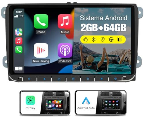 Hexinex【2+64G】Radio de Coche Android con Pantalla Táctil para VW, Autoradio de 9'' con CarPlay/Android Auto/Mirror Link,Compatible con WiFi/GPS/Bluetooth/RDS/USB/FM/Mandos del Volante y Cámara Trasera