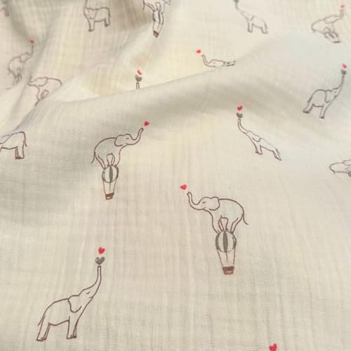 Tissus et Nappes Westeel Öko-Tex® Doppel-Gaze, bedruckt mit Elefanten mit Herzen, Meterware, Breite 130 cm, 130 g/m²