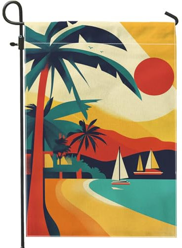 Gartenflagge mit tropischem Sonnenuntergang, lebendige Sonne und Palmen, Heimdekoration, Banner, doppelseitige Jute-Hofflagge für Sommer, Outdoor, Rasendekoration, 30,5 x 45,7 cm