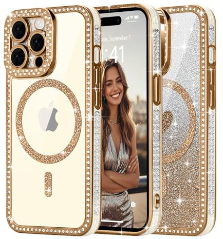 Ethanger for Magnetic Glitter Phone Case for iPhone 14 Pro Max, Sparkling Rhinestone Border with Removable Glitter Insert Compatible with MagSafe Girly Women Cover for iPhone 14 Pro Max, Gold