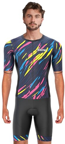 Sikma Men’s Half Sleeve Trisuit Breathable Mesh Triathlon Padded Suit with Hi Viz Reflection One Back Pocket and Power Band Leg Grippers Trisuit (Multi, X-Large)