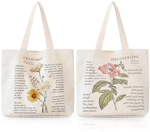 2 Stücke Stoffbeutel Bedruckt, Stofftasche, Baumwolltaschen Jutebeutel Bedruckt Vintage Kamille Einkaufstasche Canvas Tote Bag Umhängetasche Tragetasche Für Damen Shopper Büro Alltag Freizeit(Beige)