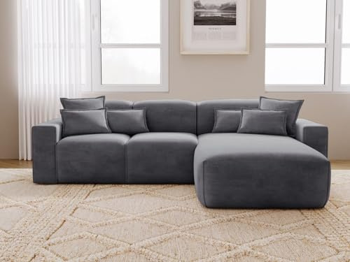 GRAINGOLD Leni Ecksofa 265x180 cm, L-Form Sofa, Ecksofa für Wohnzimmer, Geflechtstoff, 3-Sitzer Eckcouch, Modernes Design (Dunkelgrau, Rechts)