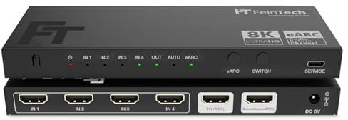 FeinTech AX340 HDMI 2.1 eARC Pass Switch Extracteur audio pour barre de son eARC - Prise en charge 8K 60Hz, 4K 120Hz, VRR, ALLM, Dolby Atmos, DTS - Répartiteur audio pour systèmes audio avec eARC et