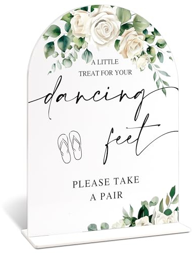 Wedding Flip Flops Sign for Table, Elegant White Rose and Eucalyptus Arch Acrylic Dancing Feet Sign, Wedding Decorations for Reception Bridal Shower Engagement Green Decor, 6x8 Inch