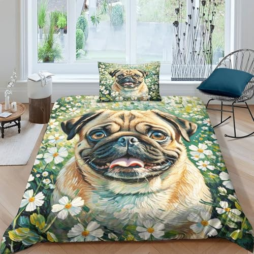 Mops Bettbezug-Set Weiches Microfaser Bettwäsche-Set Mit Mops Blumenfeld-Design Mit Reißverschluss & Kopfkissenbezug Für Jugendliche Und Erwachsene Single（135x200cm）