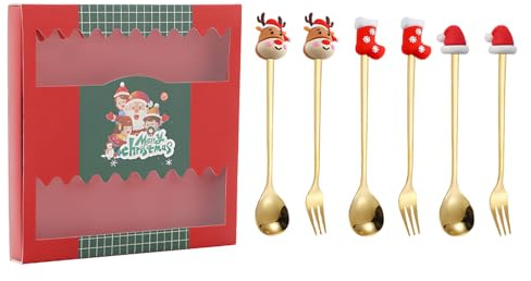 Weihnachtsbesteck Set, 6-teiliges Edelstahl Weihnachtskaffeelöffel und Weihnachtsgabeln, Cartoon 3D Rührlöffel Dessertlöffel Kuchengabel mit Geschenkbox (6, Elch+Weihnachtssocken+Weihnachtsmützen)