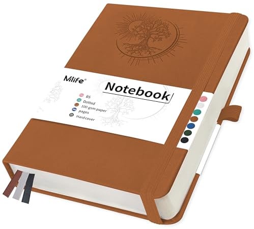 Mlife Notizbuch B5 Dotted mit Lebensbaum-Design,300 Seiten,100gsm Liniert Papier,PU-Cover Notizbuch,Elastisches Band,Stifthalter,3 Lesezeichen-für Frauen Männer,19.5 * 25.5cm（Braun）